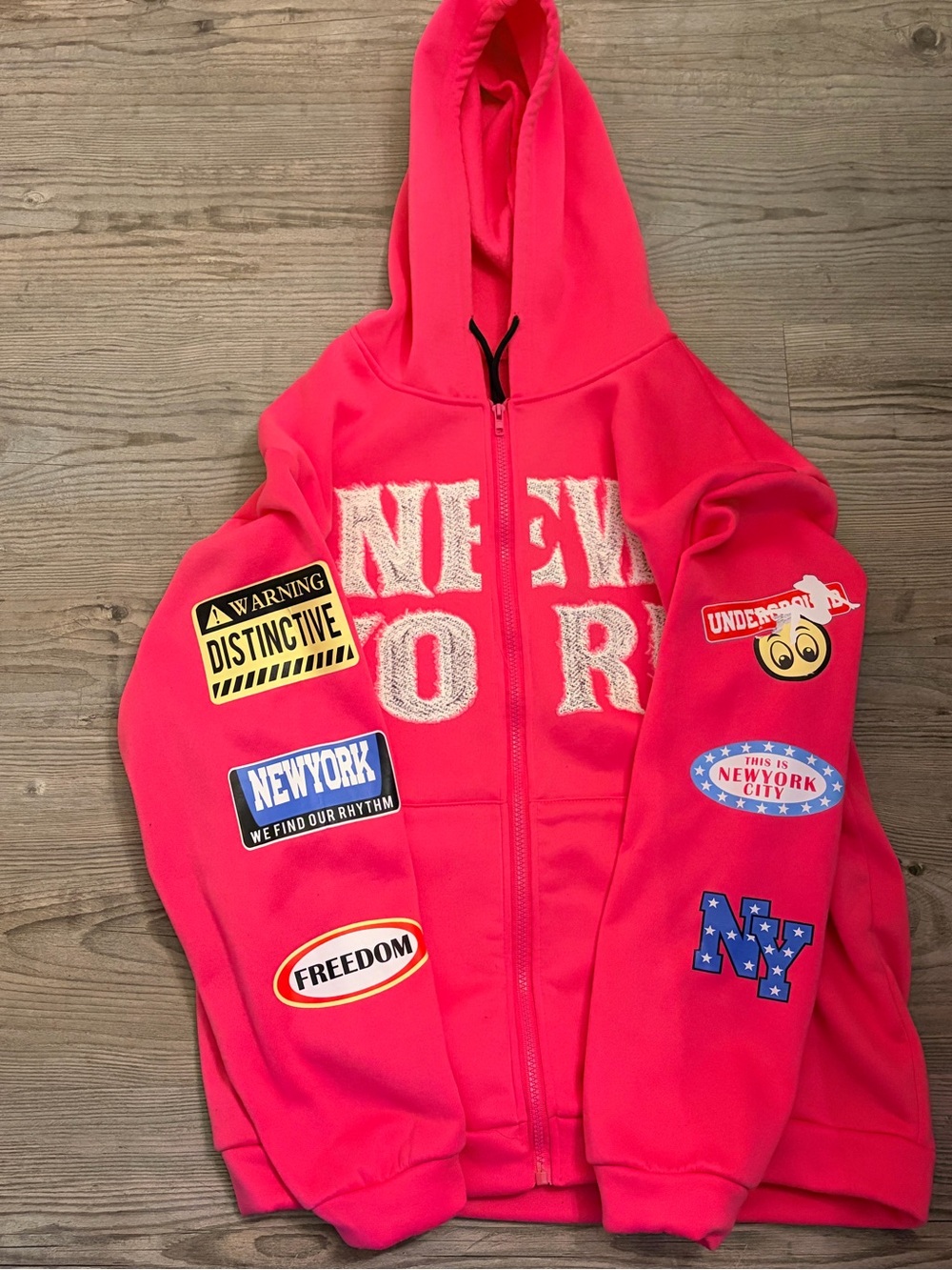 Neon Pink Zip-Up Hoodie Jacket with New York Patches - Picture 1 of 1